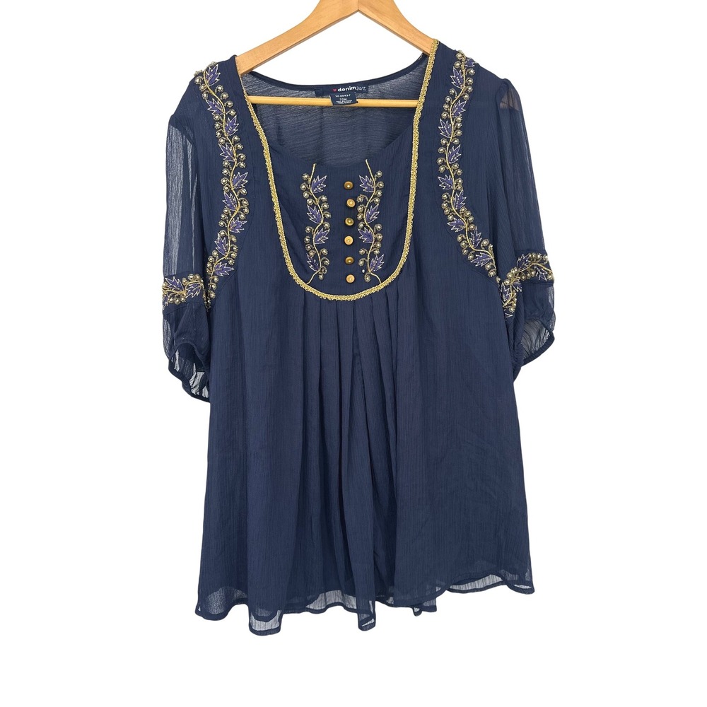 Denim 24/7 Tunic Top Womens 22W‎ Navy Blue Boho Embroidered Beaded Peasant Flowy